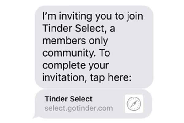 Invitation sur Tinder Select.